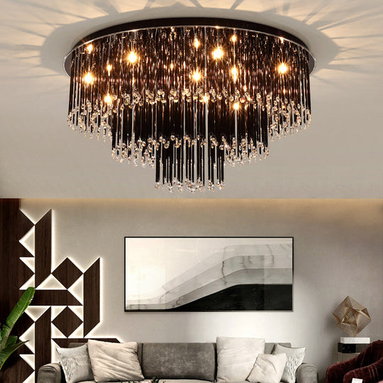 Modern Black Crystal Flush Mount Chandelier Tiered Design 8/10 Bulbs For Bedroom