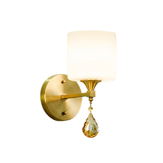 Nordic Style Frosted Glass Wall Lamp With Amber Crystal Drop In Brass