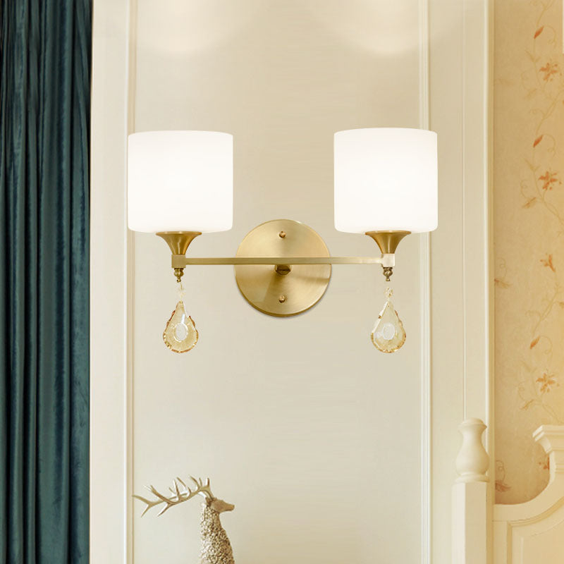 Nordic Style Frosted Glass Wall Lamp With Amber Crystal Drop In Brass