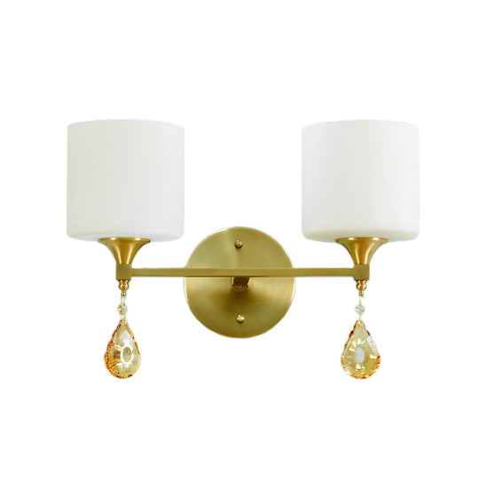 Nordic Style Frosted Glass Wall Lamp With Amber Crystal Drop In Brass