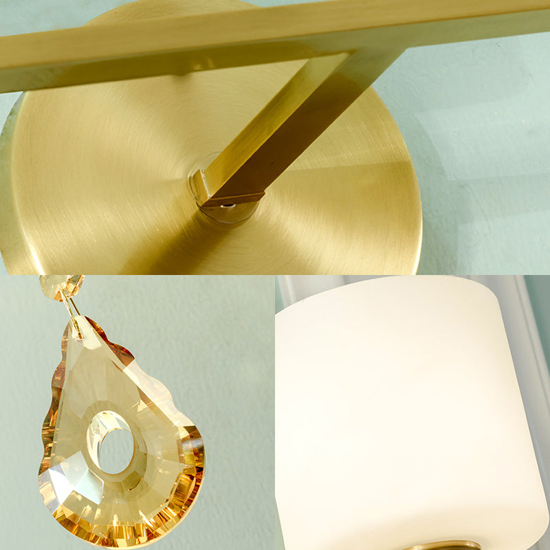 Nordic Style Frosted Glass Wall Lamp With Amber Crystal Drop In Brass