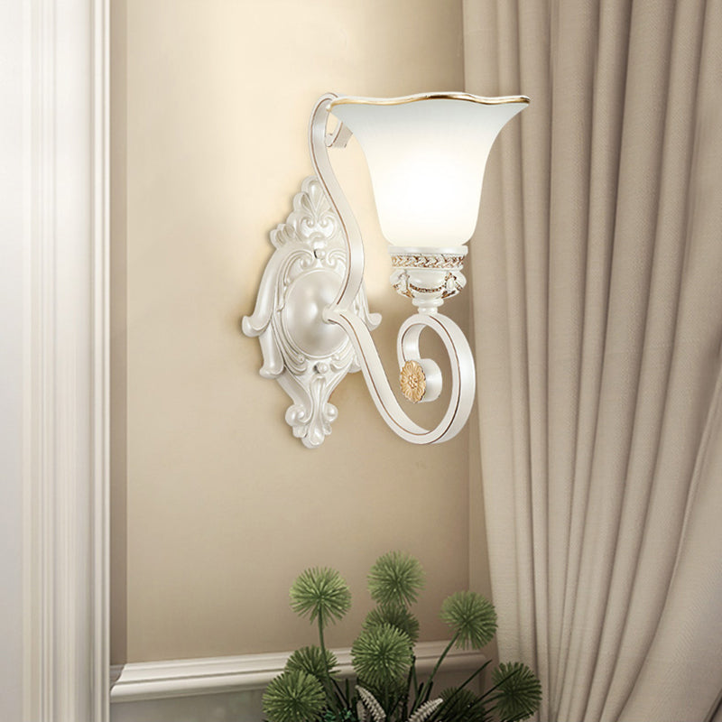 Vintage Milk Glass Petal Sconce Light Wall Mounted With Clear Crystal Accent In White - Perfect For