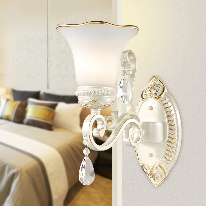 Vintage Milk Glass Petal Sconce Light Wall Mounted With Clear Crystal Accent In White - Perfect For