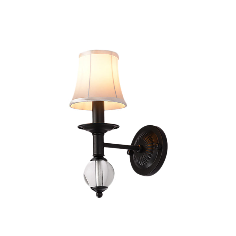 Contemporary White Fabric Bell Wall Sconce: 1 Light Crystal Ball Lamp Black