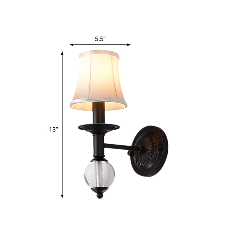 Contemporary White Fabric Bell Wall Sconce: 1 Light Crystal Ball Lamp Black