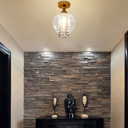 Modern Glass and Metal Semi Flush Light with Crystal Bead Accent - Brass Finish