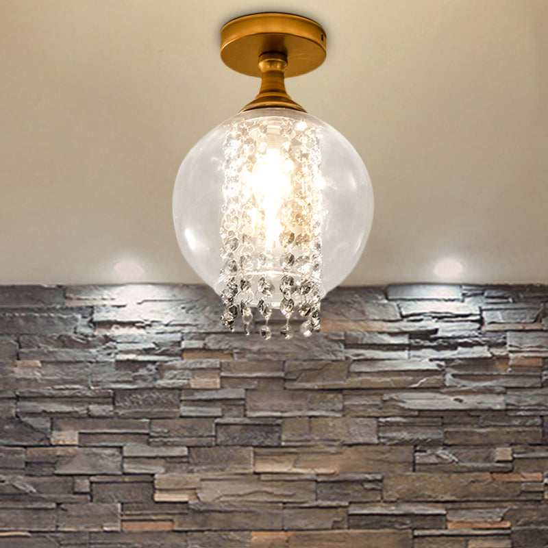 Modern Glass and Metal Semi Flush Light with Crystal Bead Accent - Brass Finish