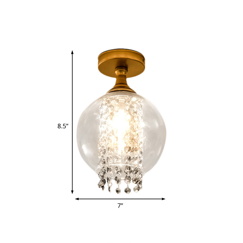 Modern Glass and Metal Semi Flush Light with Crystal Bead Accent - Brass Finish