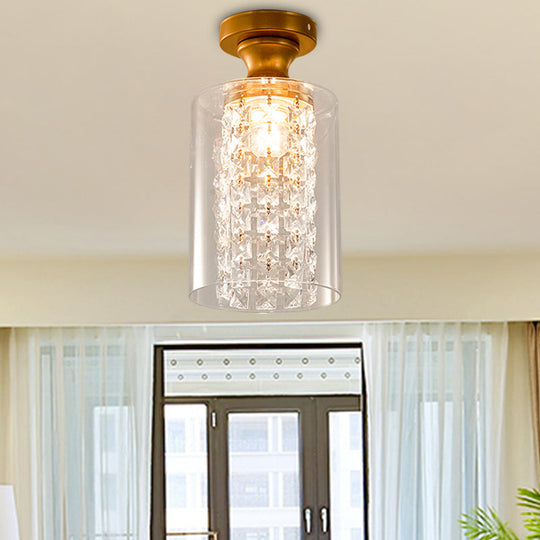 Modern Glass and Metal Semi Flush Light with Crystal Bead Accent - Brass Finish