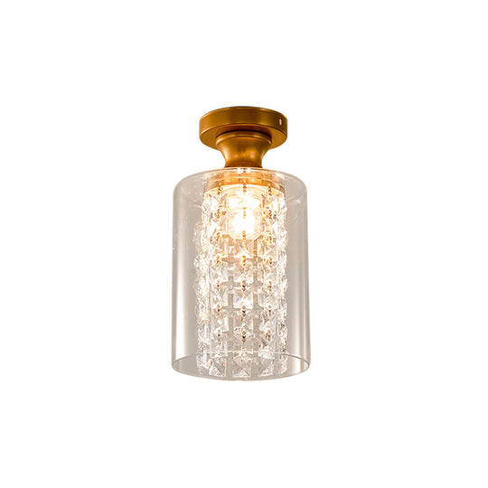 Modern Glass and Metal Semi Flush Light with Crystal Bead Accent - Brass Finish