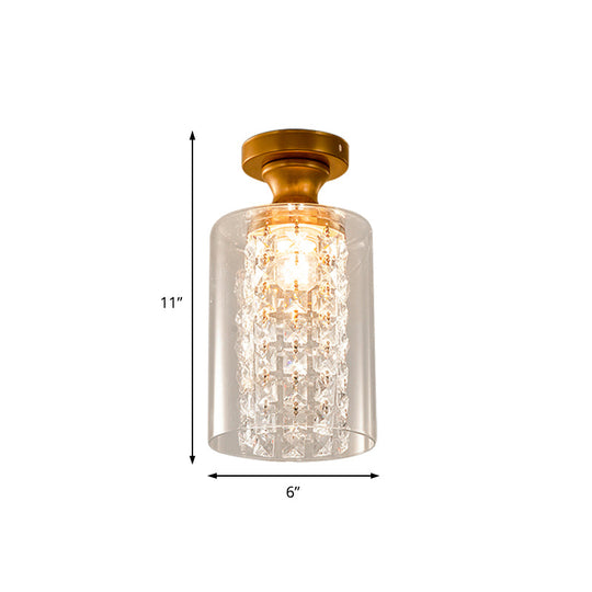 Modern Glass and Metal Semi Flush Light with Crystal Bead Accent - Brass Finish