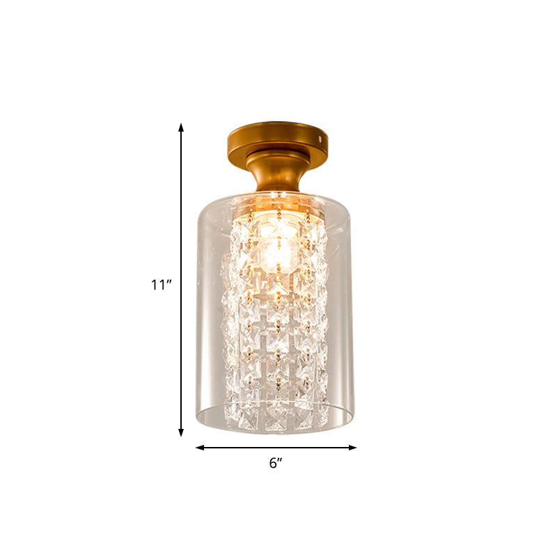 Modern Glass And Metal Semi Flush Light With Crystal Bead Accent - Brass Finish