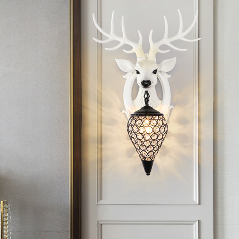 Elk Lodge Style Wall Light With Crystal Lantern Shade For Bedroom - Brown/White Resin 1