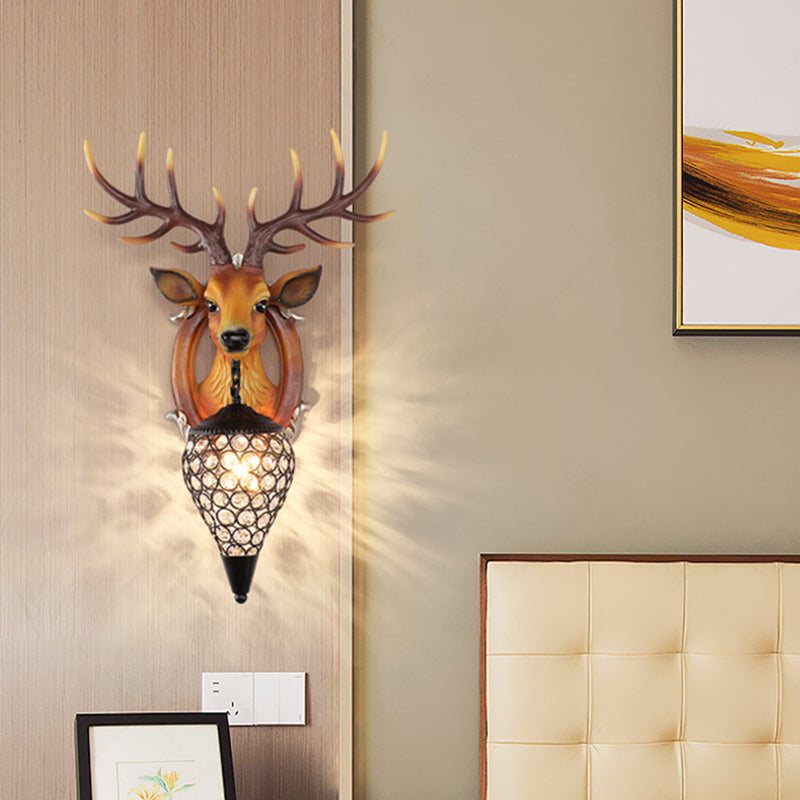 Elk Lodge Style Wall Light With Crystal Lantern Shade For Bedroom - Brown/White Resin 1 Brown