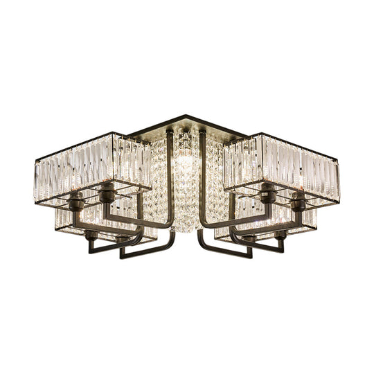 Modern Metal and Clear Crystal Semi Flush Light - Black Cubic Ceiling Mounted Fixture (5/9/13-Lights)