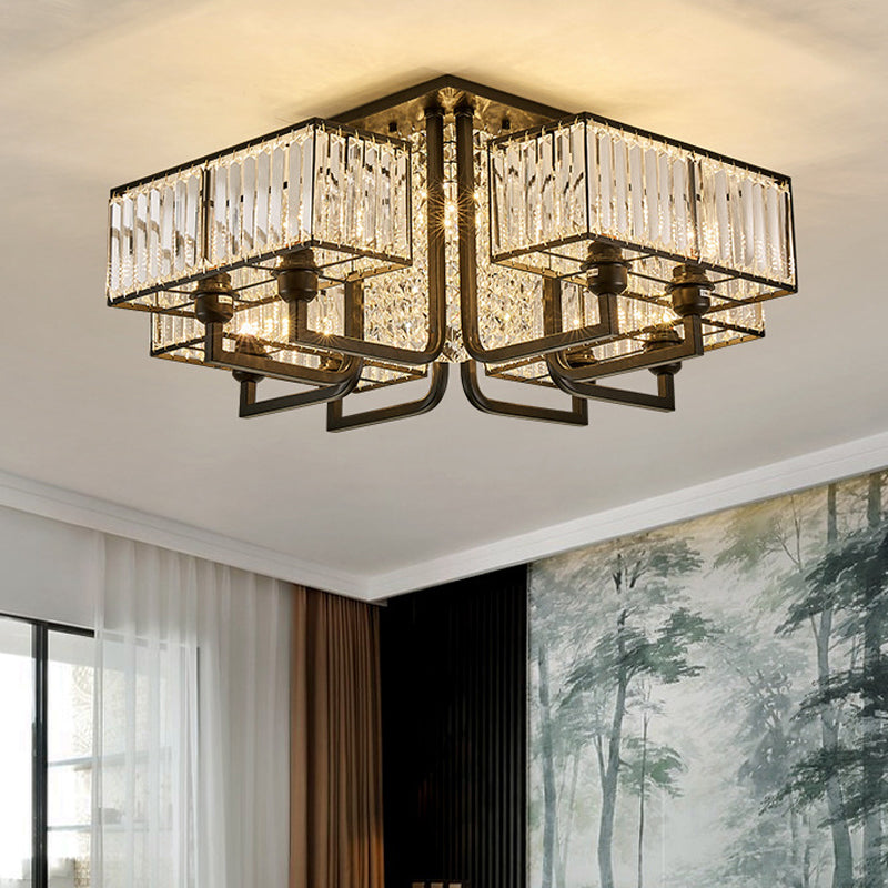 Modern Metal and Clear Crystal Semi Flush Light - Black Cubic Ceiling Mounted Fixture (5/9/13-Lights)