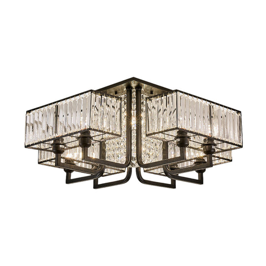 Modern Metal and Clear Crystal Semi Flush Light - Black Cubic Ceiling Mounted Fixture (5/9/13-Lights)