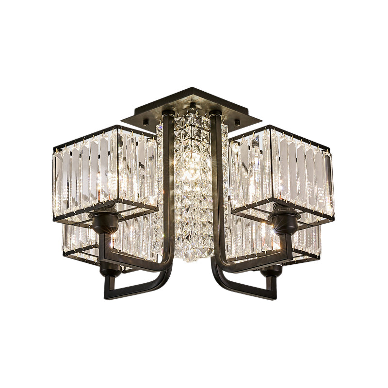 Modern Metal and Clear Crystal Semi Flush Light - Black Cubic Ceiling Mounted Fixture (5/9/13-Lights)