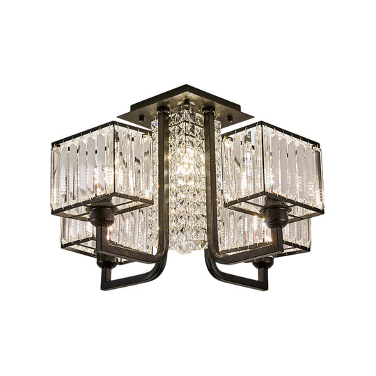 Modern Metal And Clear Crystal Semi Flush Light - Black Cubic Ceiling Mounted Fixture