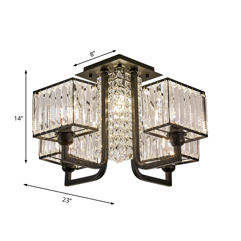 Modern Metal and Clear Crystal Semi Flush Light - Black Cubic Ceiling Mounted Fixture (5/9/13-Lights)