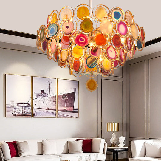 Modern Gold Metal Chandelier Light With Colorful Agates - 5-Tiered Ceiling Pendant 12-Light Design