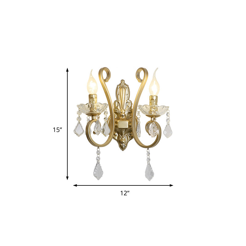 Vintage Metal 2-Head Flameless Candle Wall Sconce Light With Crystal Deco And Curved Brass Arm