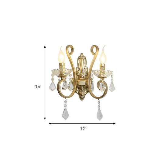 Vintage Metal 2-Head Flameless Candle Wall Sconce Light With Crystal Deco And Curved Brass Arm