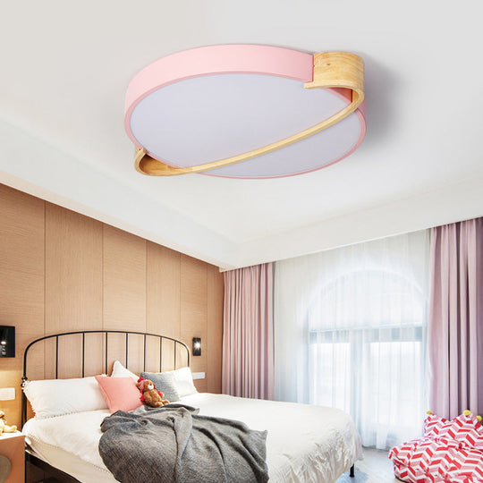 Nordic Round LED Ceiling Light Fixture, Metal Flush Mount in Pink/Yellow/Green for Bedroom, Warm/White Light