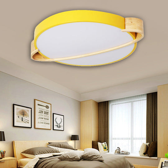 Nordic Round LED Ceiling Light Fixture, Metal Flush Mount in Pink/Yellow/Green for Bedroom, Warm/White Light