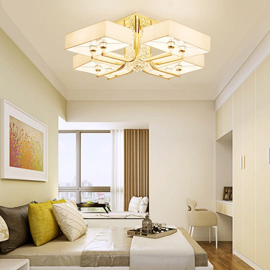 Contemporary Rectangle White Ceiling Light With Crystal Deco - Fabric And Metal Semi Mount Lighting