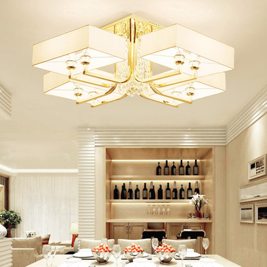 Contemporary Rectangle White Ceiling Light With Crystal Deco - Fabric And Metal Semi Mount Lighting