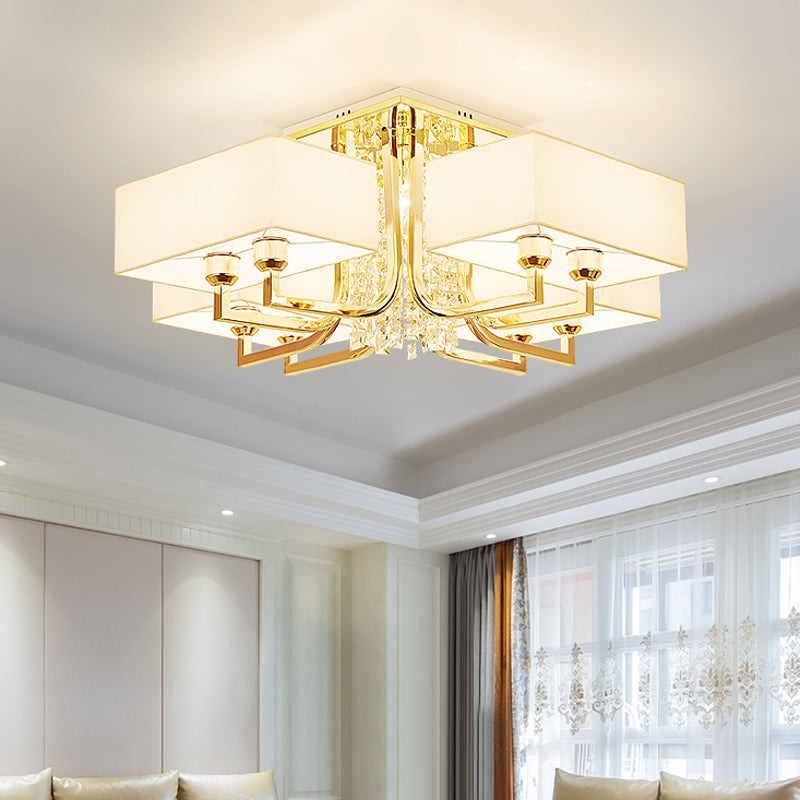 Contemporary Rectangle White Ceiling Light With Crystal Deco - Fabric And Metal Semi Mount Lighting