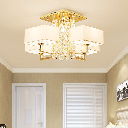 Contemporary Rectangle White Ceiling Light With Crystal Deco - Fabric And Metal Semi Mount Lighting