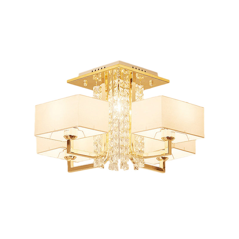 Contemporary Rectangle White Ceiling Light With Crystal Deco - Fabric And Metal Semi Mount Lighting