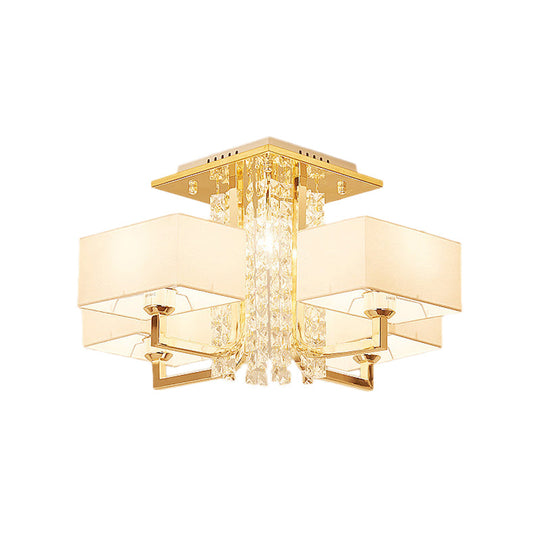 Contemporary Rectangle White Ceiling Light With Crystal Deco - Fabric And Metal Semi Mount Lighting