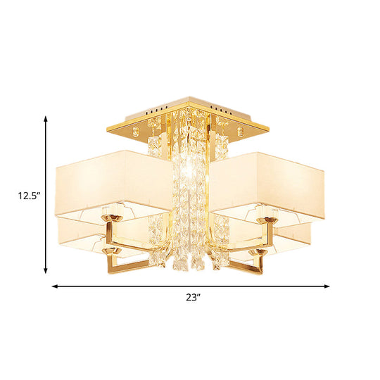 Contemporary Rectangle White Ceiling Light with Crystal Deco - Fabric and Metal Semi Mount Lighting, Multiple Lights in 23"/32.5" W