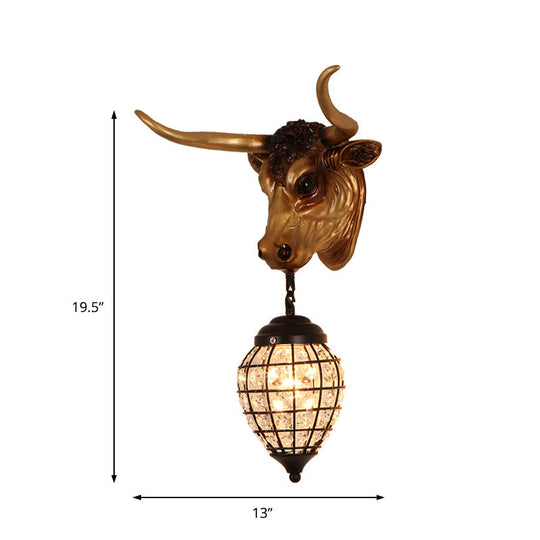 Black Lodge Style Resin Bull Wall Sconce Fixture With Crystal Shade - 1-Light Lighting For Bars