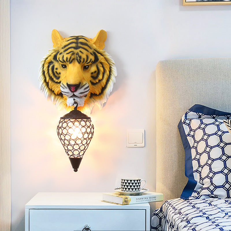 Country Style Tiger Sconce Wall Lamp For Childrens Room - Yellow/Gray Resin With Clear Crystal Shade