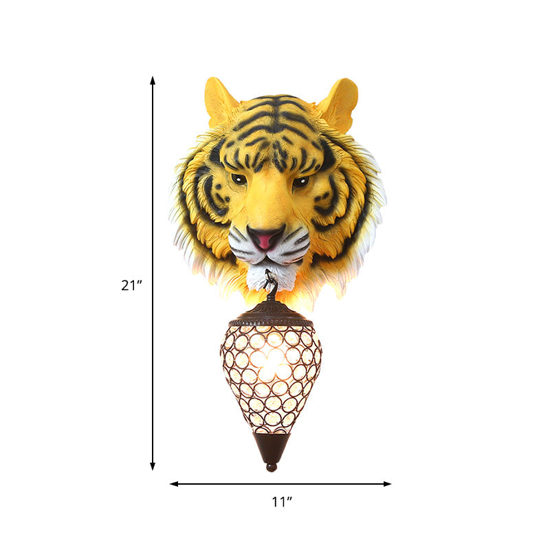 Country Style Tiger Sconce Wall Lamp For Childrens Room - Yellow/Gray Resin With Clear Crystal Shade