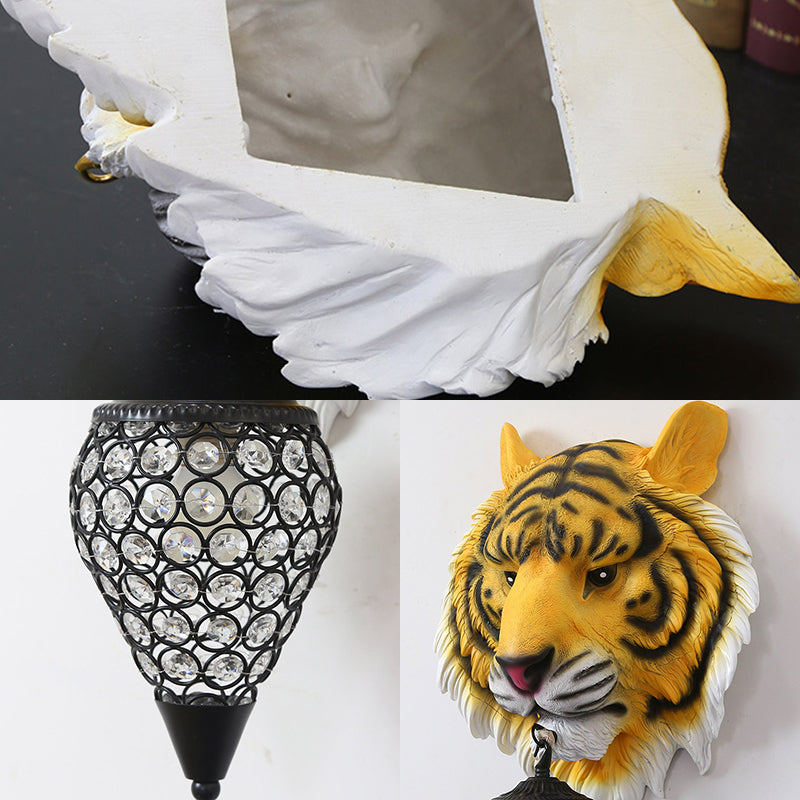 Country Style Tiger Sconce Wall Lamp For Childrens Room - Yellow/Gray Resin With Clear Crystal Shade