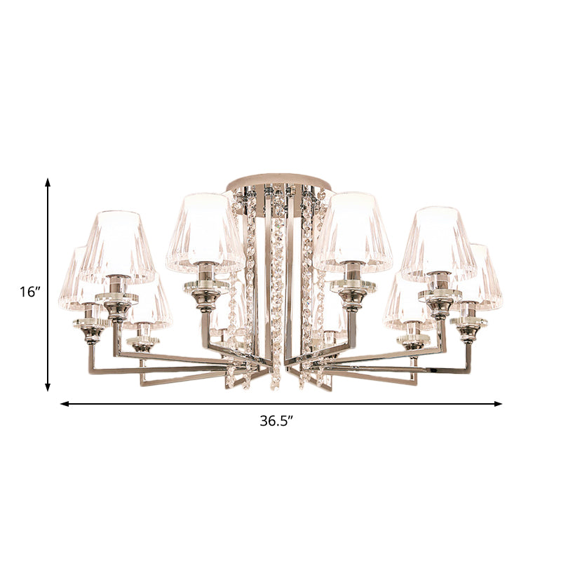 Modern Chrome Cone Ceiling Lamp With Crystal Accents - 6/8/10 Heads Semi-Mount Light