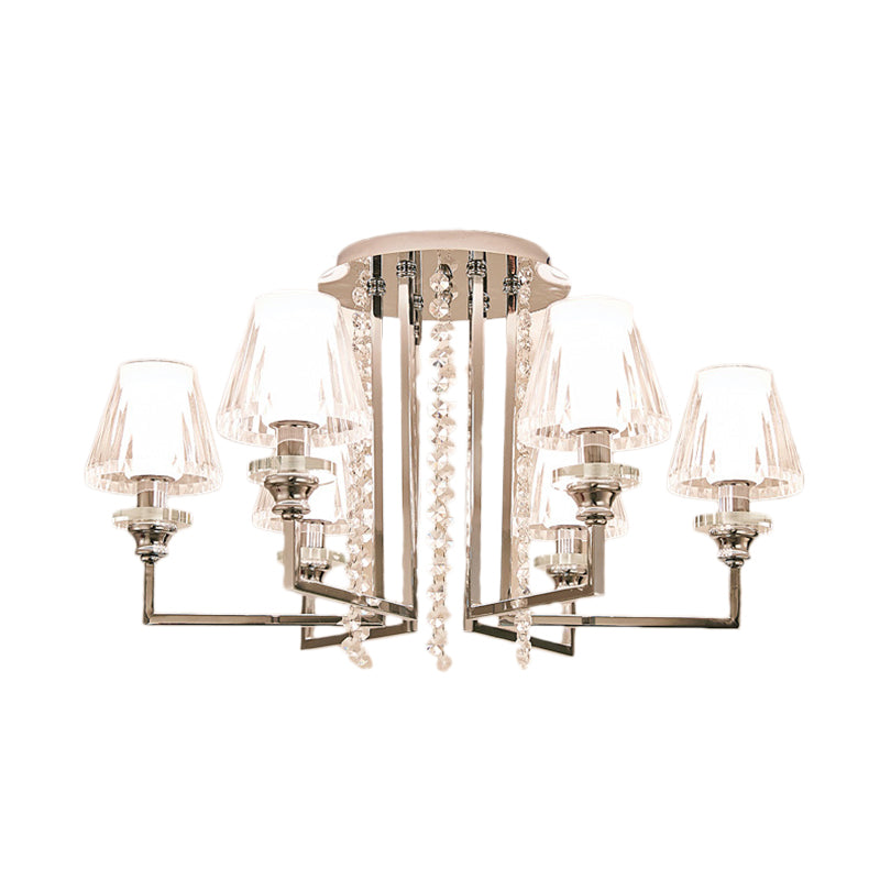 Modern Chrome Cone Ceiling Lamp with Crystal Accents - 6/8/10 Heads, Semi-Mount Light