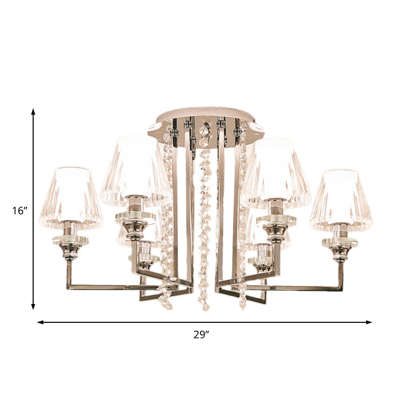 Modern Chrome Cone Ceiling Lamp with Crystal Accents - 6/8/10 Heads, Semi-Mount Light