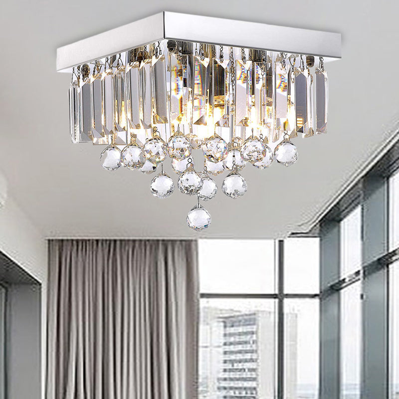 Modern Crystal Prism Flush Ceiling Light with 4 Bulbs & Square Chrome Canopy for Bedrooms