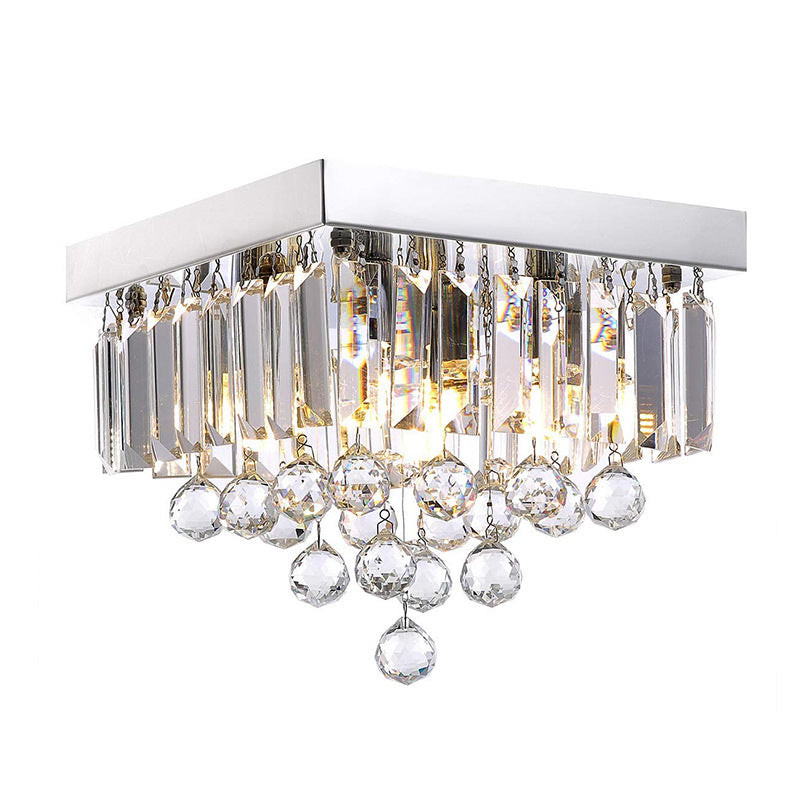 Modern Crystal Prism Flush Ceiling Light with 4 Bulbs & Square Chrome Canopy for Bedrooms