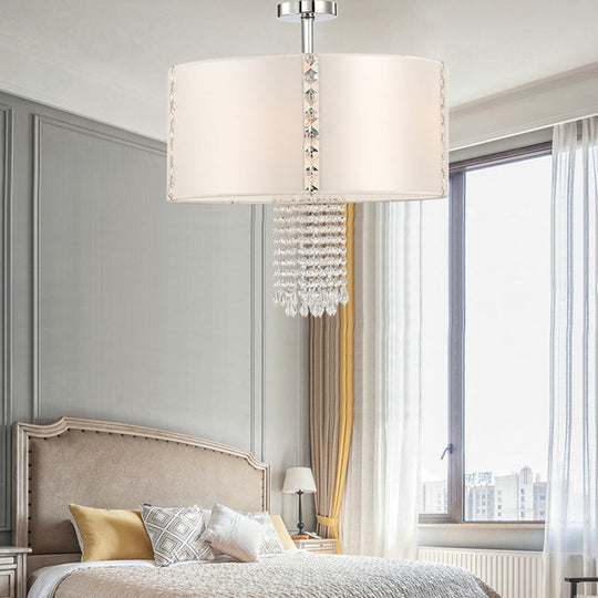 Modern 5-Light Chandelier: White Round Drop Pendant With Fabric Shade And Crystal Beads