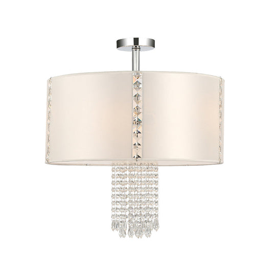 Lustre moderne à 5 lumières avec abat-jour en tissu blanc et accents en cristal