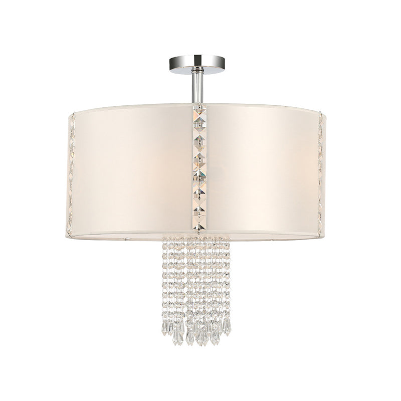 Modern 5-Light Chandelier: White Round Drop Pendant With Fabric Shade And Crystal Beads