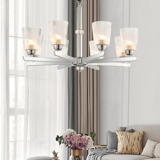 Modern Ribbed Glass 6-Light Chrome Chandelier Pendant - Cup Up Design For Living Room Ceiling Lamp