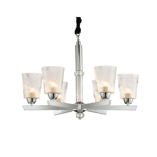 Modern Ribbed Glass 6-Light Chrome Chandelier Pendant - Cup Up Design For Living Room Ceiling Lamp